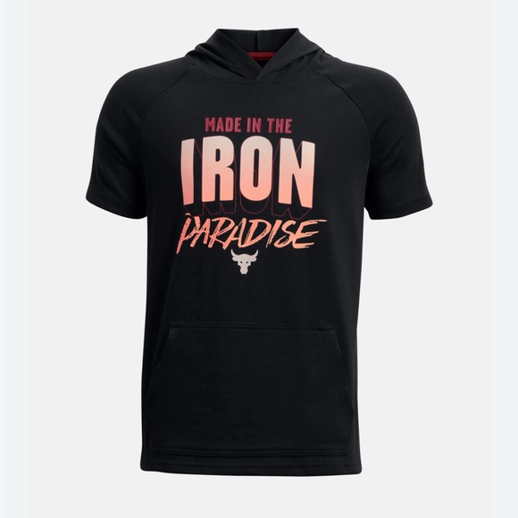 Under Armour Boys Project Rock Heavyweight Cotton Black Short Sleeve Hoodie XL - Picture 1 of 5